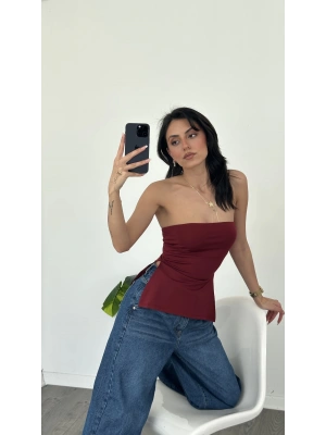 Bordo Kai Yan Yırtmaçlı Straplez Bluz