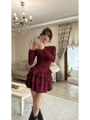 Bordo Kat Kat Volanlı Mini Elbise