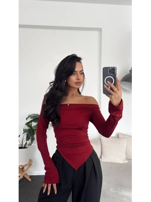 Bordo Kayık Yakalı Asimetrik Bluz