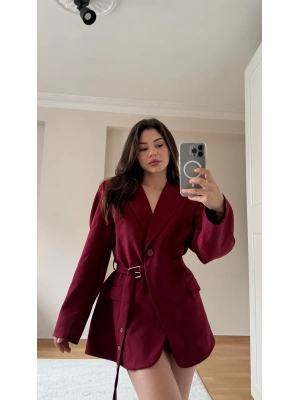 Bordo Kemer Detaylı Oversize Blazer Ceket