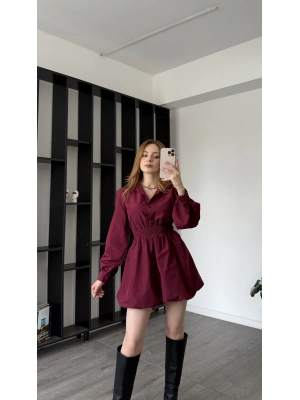 Bordo Kendra Balon Etekli Gömlek Elbise