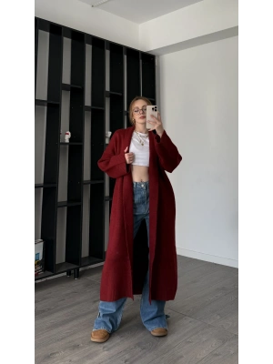 Bordo Kenny Şal Yakalı Uzun Triko Hırka