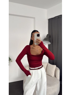 Bordo Kare Yaka Büzgü Detay Basic Bluz