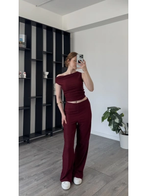 Bordo Leila Düşük Omuzlu 2’li Takım