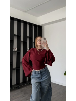 Bordo Lia Yarasa Kollu Bluz