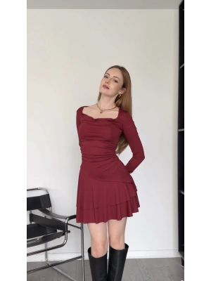 Bordo Lilian Volan Katlı Elbise
