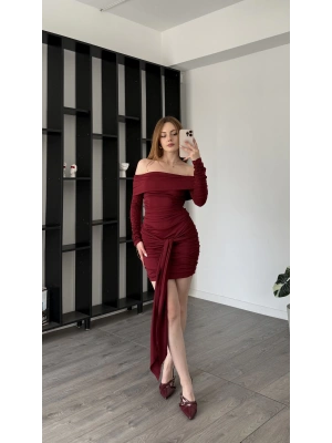Bordo Mery Kuşak Detaylı Madonna Elbise