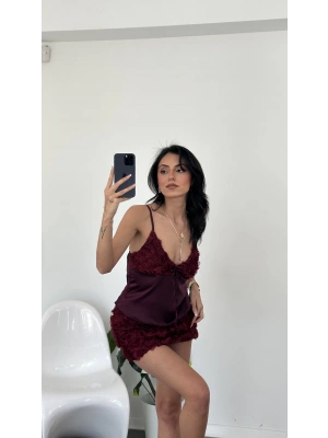 Bordo Mia Saten Güllü Takım
