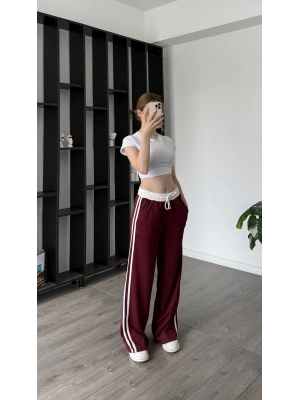 Bordo Perry Çizgili Eşofman Altı