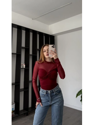 Bordo Rosa Tül Detay Düğüm Bluz