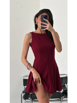 Bordo Sıfır Kol Pileli Elbise