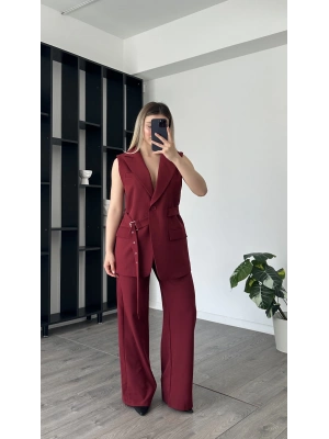 Bordo Tancy kemer Detaylı Pantolon-Yelek Takım