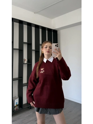 Bordo Teddy Nakışlı Premium Kazak