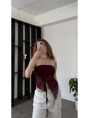 Bordo Tül Asimetrik Büzgülü Bluz