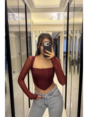 Bordo Tül Kollu Korse Bluz