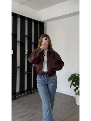Bordo Wenna Oversize Bomber Deri Ceket