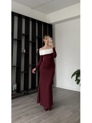 Bordo Yulia Yaka Detay Madonna Elbise