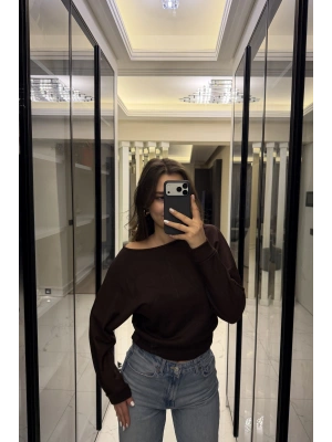 Celin Kahve Düşük Omuzlu Modal Bluz