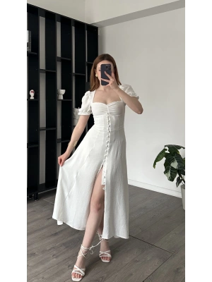 Clara Beyaz Balon Kol Düğmeli Elbise