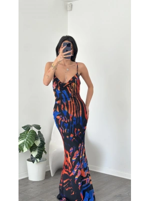 Desenli Ava Astarlı Şifon Askılı Elbise