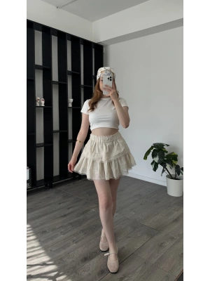 Ekru Hanna Güpürlü Katlı Şortlu Etek