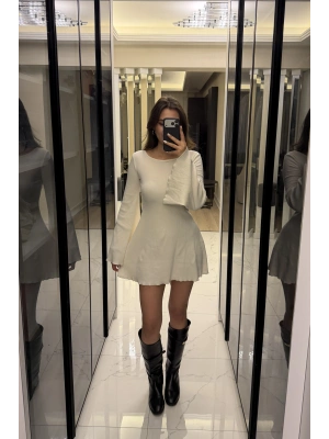 Ekru Jiex Bağcık Sırtlı Volan Elbise