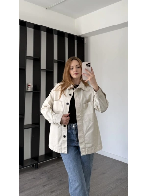 Ekru Oversize Gabardin Gömlek Ceket