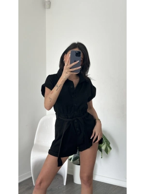 Ely Siyah Gabardin Kuşaklı Tulum