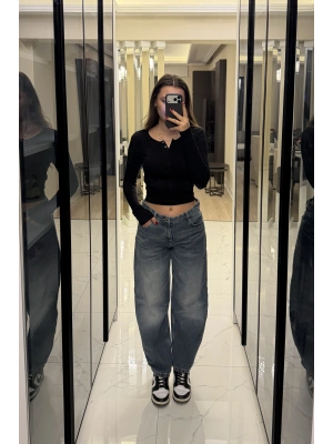 Eskitme İndigo Baggy Jean