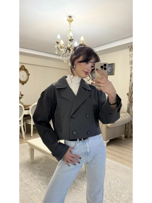 Füme Kruvaze Düğmeli Kısa Trençkot