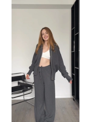Genny Antrasit Çift Fermuarlı Triko Takım