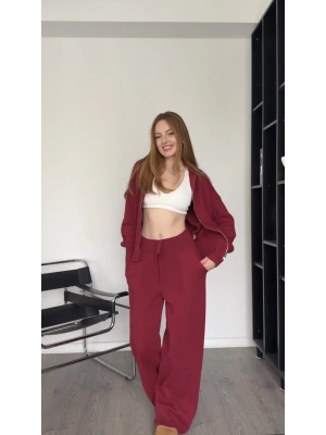 Genny Bordo Çift Fermuarlı Triko Takım