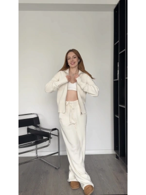 Genny Krem Çift Fermuarlı Triko Takım