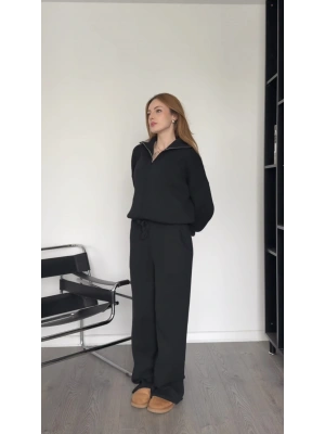 Genny Siyah Çift Fermuarlı Triko Takım
