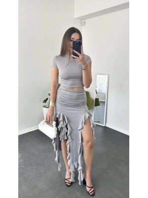 Gri Bisiklet Yaka Kısa Kollu Basic Body