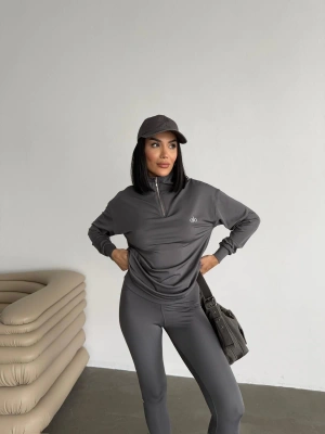Gri Fermuar Yakalı Sweat & Tayt Spor Marka Takım