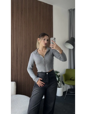 Gri Fermuarlı Fitilli Hırka
