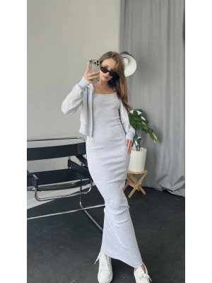 Gri Fitilli Elbise Kapüşonlu Hırka 2’li Takım