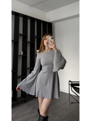 Gri Jiex Bağcık Sırtlı Volan Elbise