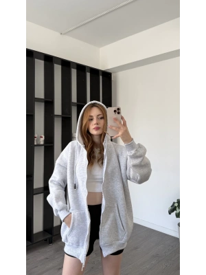 Gri Sane Kapüşonlu Oversize Hırka