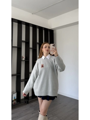 Gri Teddy Nakışlı Premium Kazak