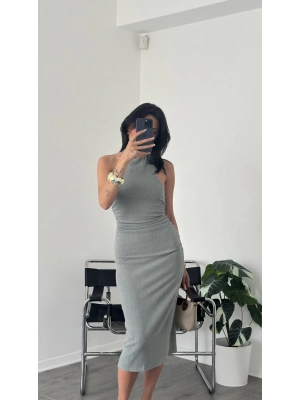 Haki Sırt Dekolteli Bürümcük Halter Elbise