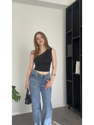 Halsey Siyah Katlama Detaylı Tek Omuz Bluz