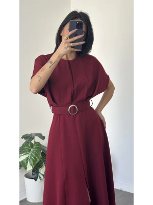Helen Bordo Kemer Detaylı Elbise