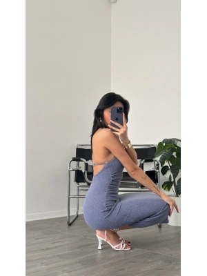 İndigo Sırt Dekolteli Bürümcük Halter Elbise