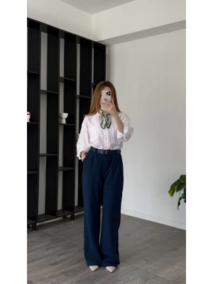 İndigo Tira Kemer Detaylı Palazzo Pantolon