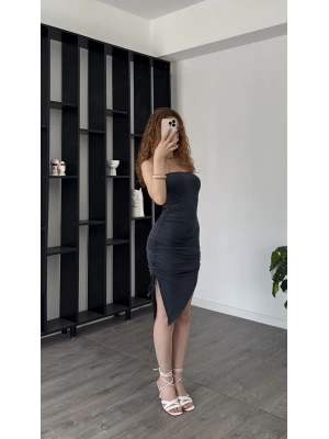 Jade Antrasit Büzgülü Yandan Yırtmaçlı Straplez Elbise