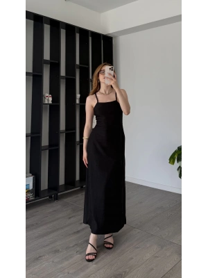 Janka Siyah Askılı Maxi Elbise