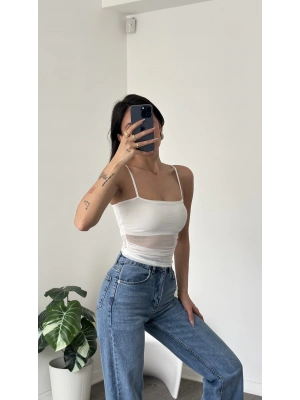 Jenny Beyaz Askılı Astarlı Tül Bluz