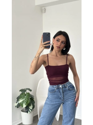 Jenny Bordo Askılı Astarlı Tül Bluz